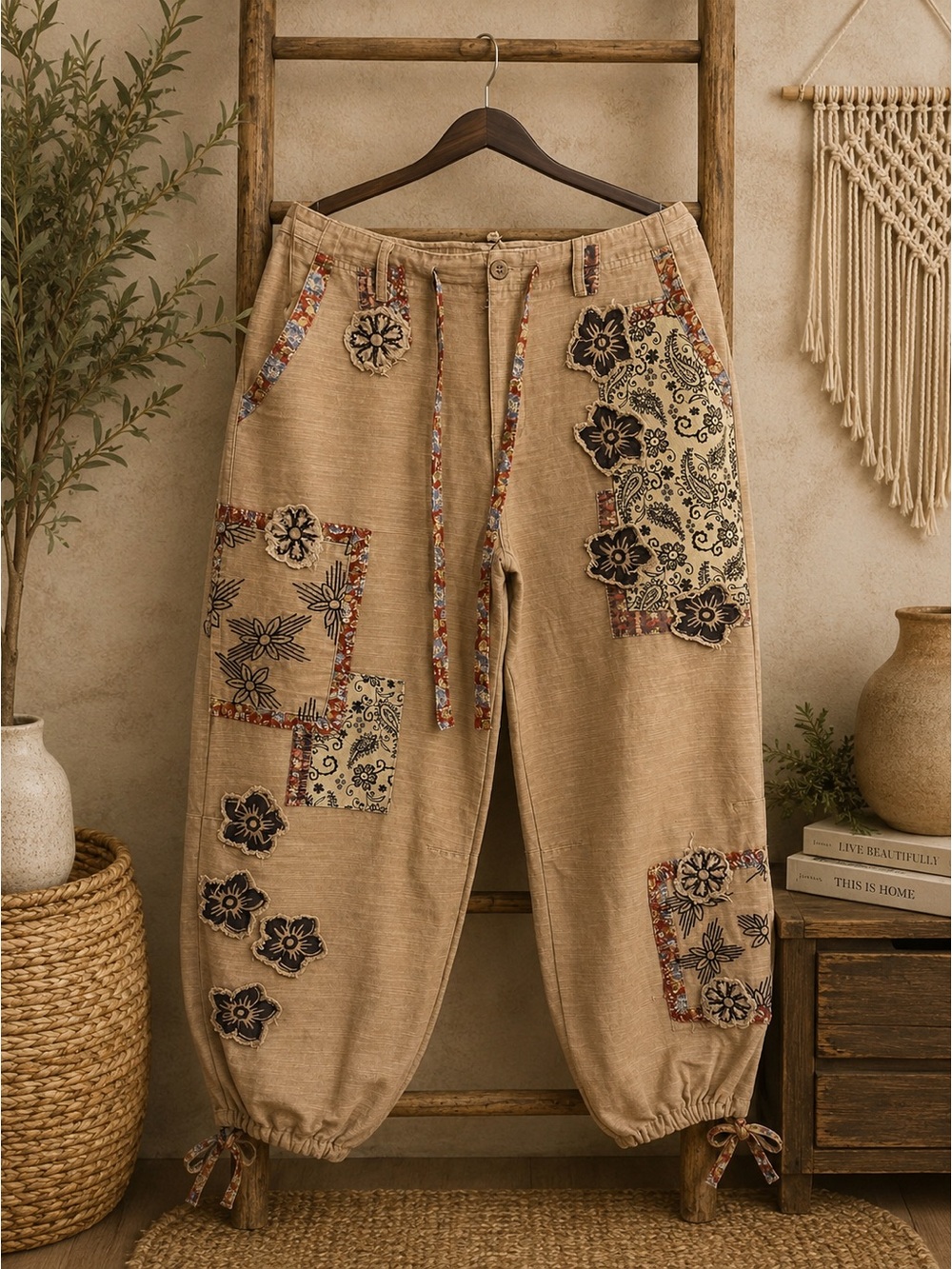 242🌟 Boho Patchwork Cargo Jogger Pants | NWT | Size Medium ✨